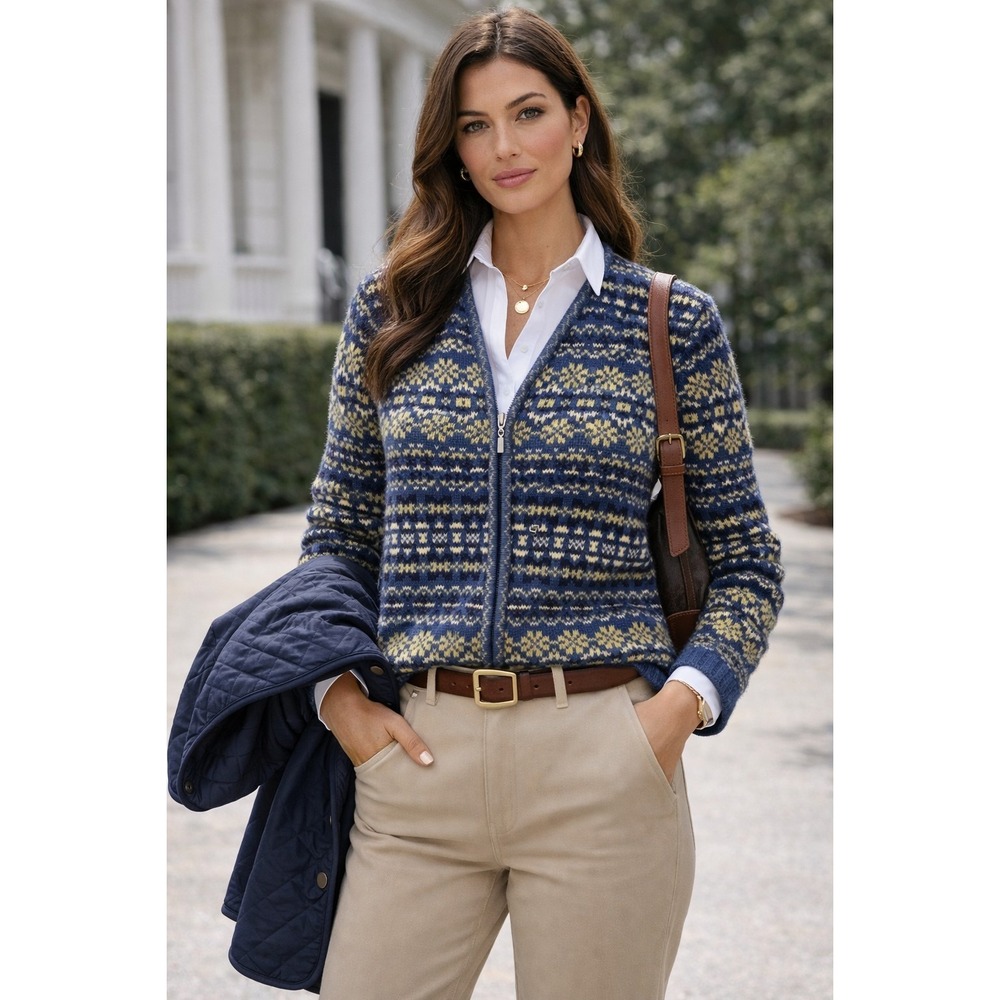 VTG Christopher & Banks Hand Embroidered Fair Isle Zip Cardigan Sz M Blue Yellow